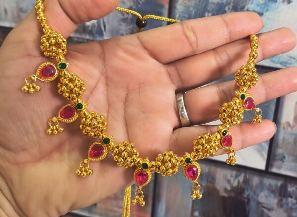 Traditional Maharashtrian Thushi Necklace with Ruby; Green Stones – Gold Finish