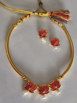 Lotus Pipe Necklace Set with Earrings – Traditional Pink Lotus Gold Finish Jewellery