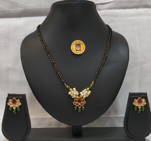 Pink Lotus Pearl Mangalsutra Set with Earrings – Traditional Double Chain Black Bead Necklace