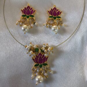 Purple Lotus Invisible Neckalce With Ear Ring