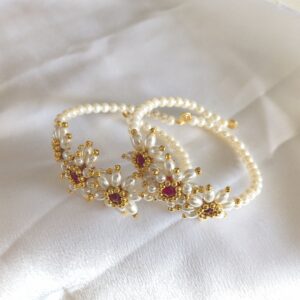 Adjustable Parijatak Kada Bangles with Pearl & Ruby Design | Traditional Bridal Jewellery