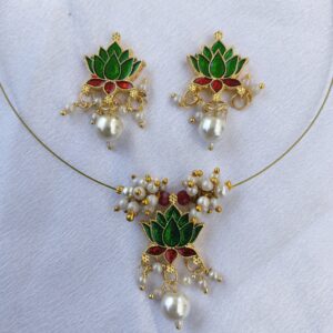 Green Lotus Invisible Necklace with Ear rings