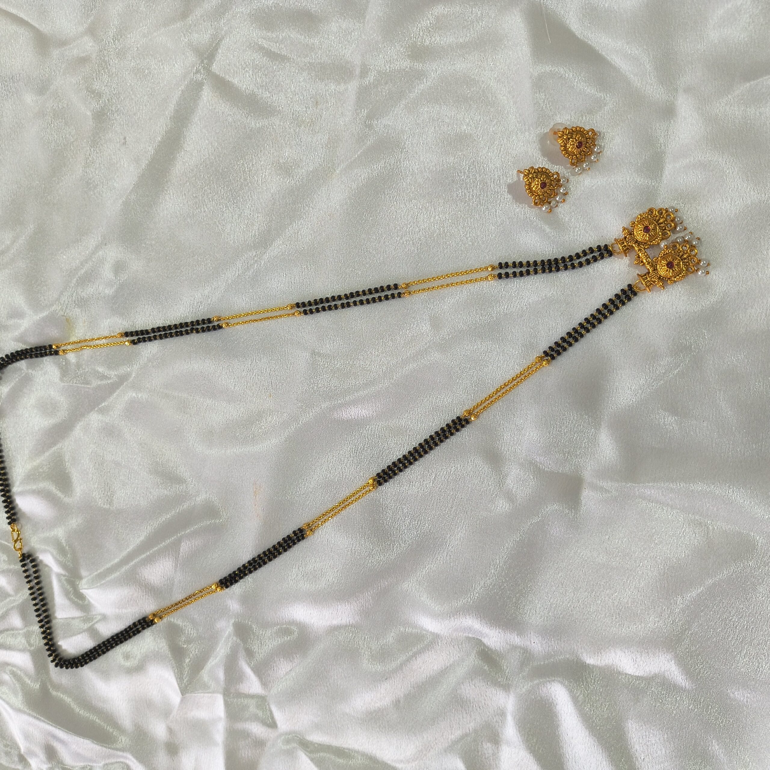 Golden Matt Small Pendant Mangalsutra With Ear rings | Maharashtrian Jewellery - Image 2