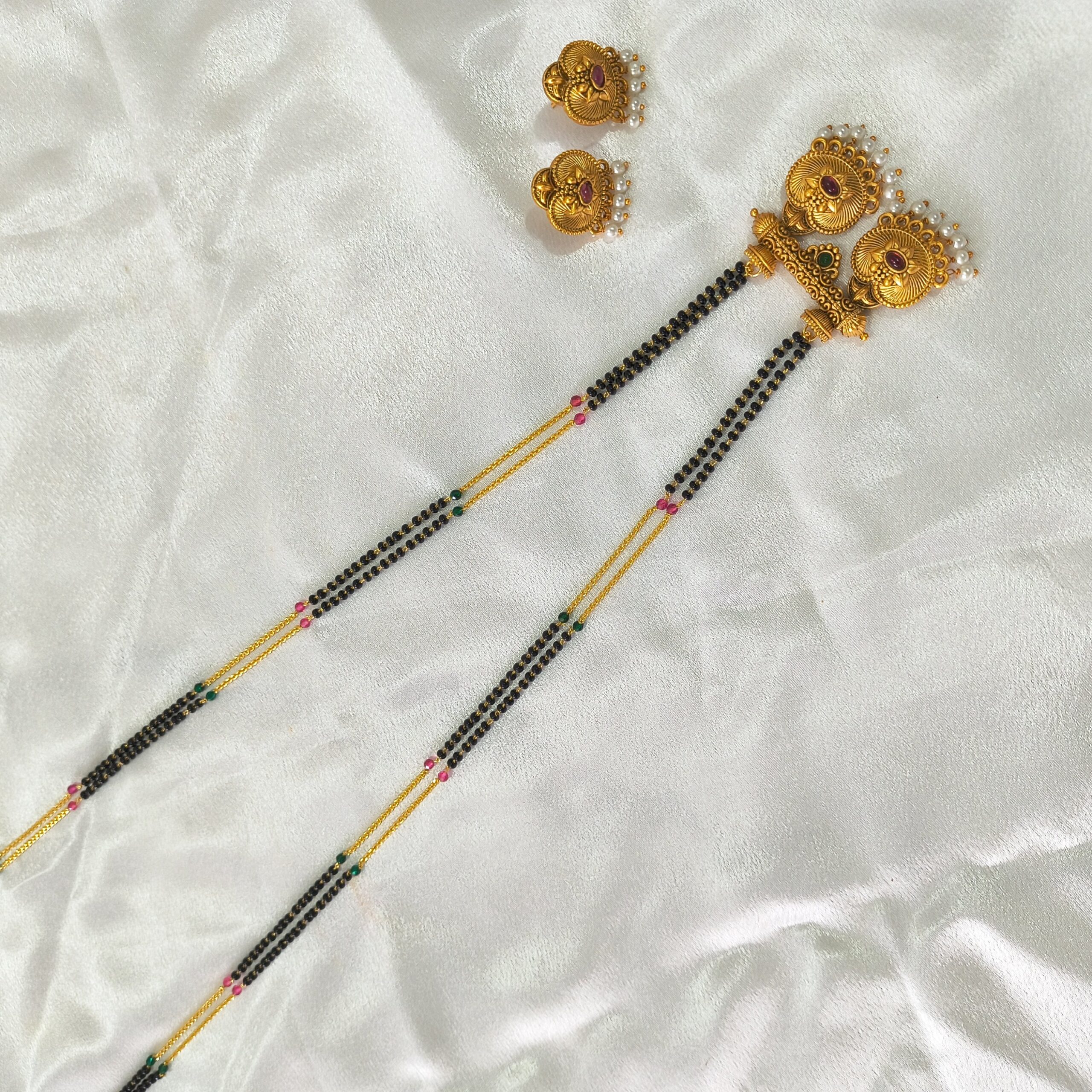Golden Matt Mangalsutra With Ear Rings | Maharashtrian Jewellery - Image 2
